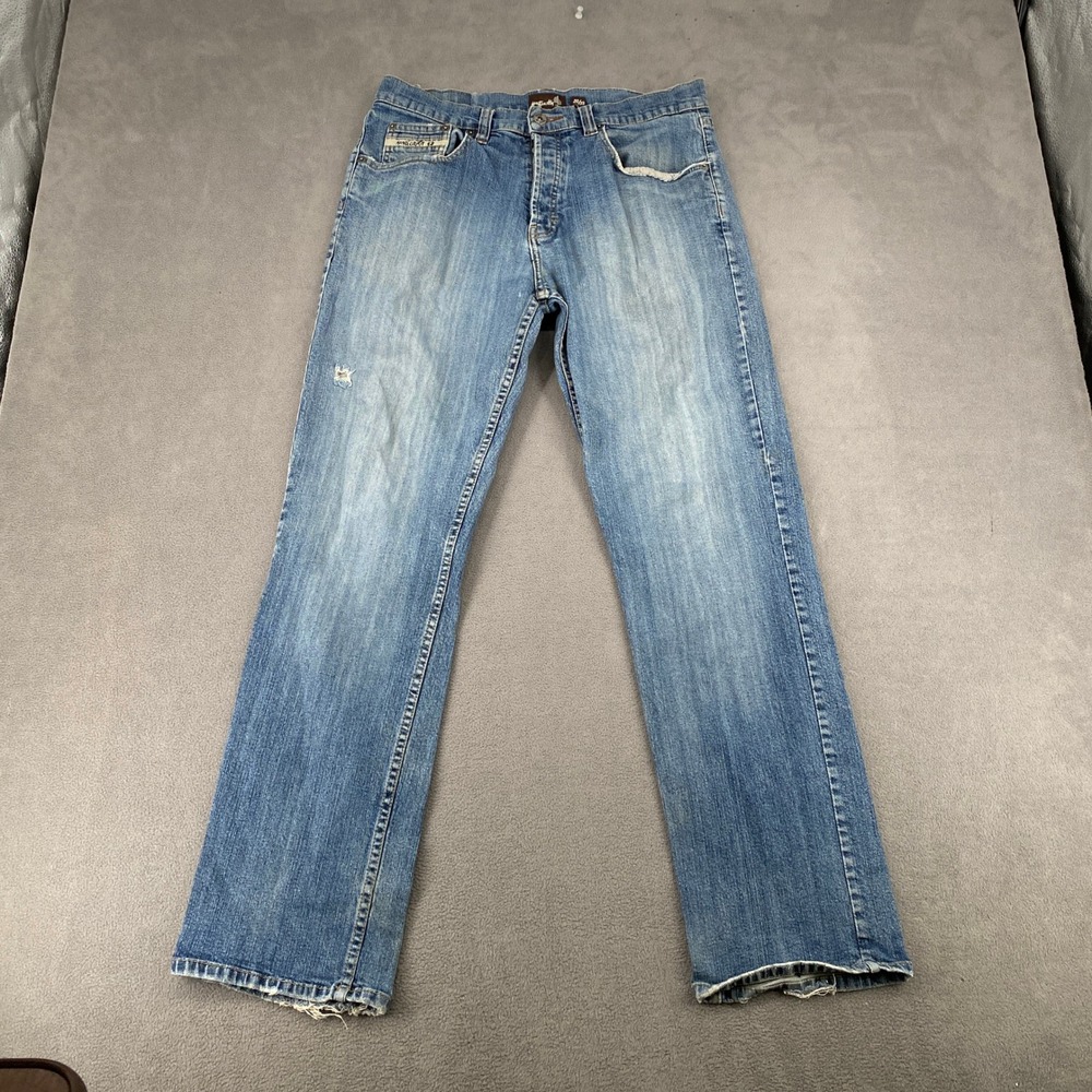 Planet Earth Mens Straight Leg Jeans Blue Medium Wash Distressed 32x32 Cotton